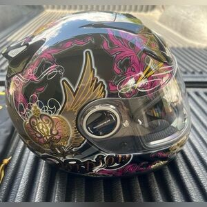 Scorpion Full-Face Motorcycle Helmet - Black with Pink & Gold Graphics, Size XS